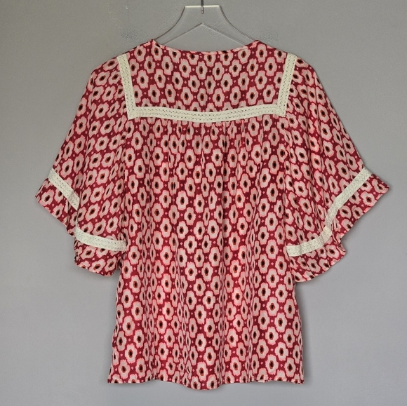 Kate Spade 100% Silk Posy Ikat Bohemian Red Patterned Women's Top - Picture 9 of 10